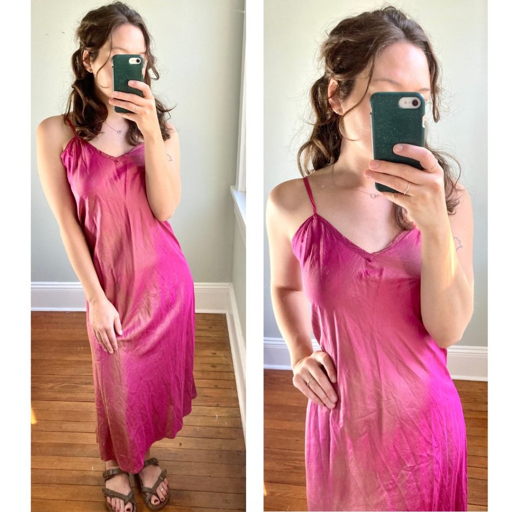 Vintage 90s Hot Pink Fuschia Irridescent Silk Midi Sleeveless Slip Dress S/M